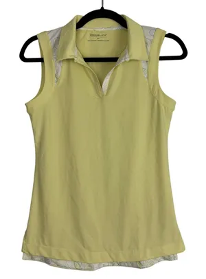 Maggie Lane Sleeveless Golf Polo‎ Top Yellow Paisley Preppy Country Club SP thumbnail 1