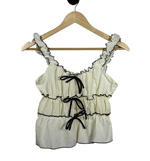 Sugarkiss Women’s Contrast Trim Ruffle Bow Top Ivory/Black Size L thumbnail 4