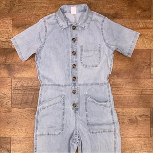 Super Cute Light Blue Button Up Denim Jumpsuit Size XS thumbnail 3