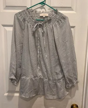 LOFT Women's Blouse Top‎ L White Black Square Dot Tie Neck Long Sleeve Career thumbnail 1