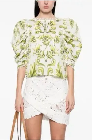 FARM RIO Milani Blouse Floral Puff-Sleeve Women's Top in Olive Green Size Large thumbnail 1