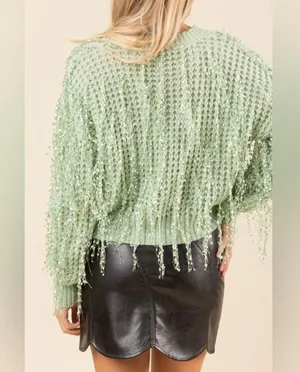 Fringe Detail Sweater in Sage thumbnail 3