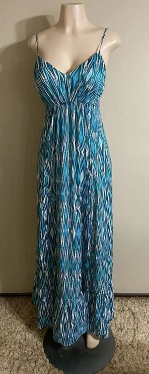 CV by Cynthia Vincent Blue Patterned Spaghetti-Strap Maxi Dress thumbnail 1