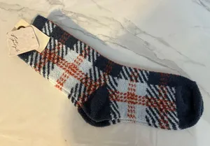 Free People Cozy Cabin Plush Crew Socks Blue Plaid Fuzzy Sherpa NWT One Size thumbnail 1