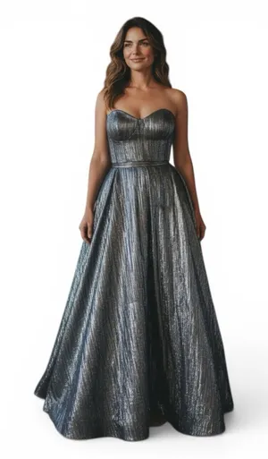 GB Women's 3 Silver Black Metallic Pleated Sweetheart Maxi Long Formal Dress thumbnail 1