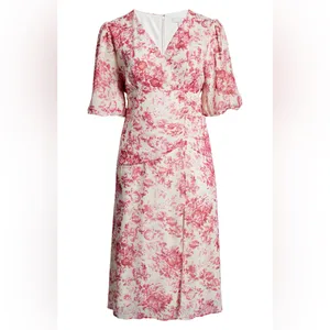 Chelsea28 Forget Me Not Floral Print Puff Sleeve Midi Dress in Beige and Pink thumbnail 5