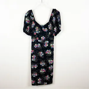 Anthropologie‎ Scarletta Sweetheart Neckline Puff Sleeve Floral Dress 2 Black thumbnail 2