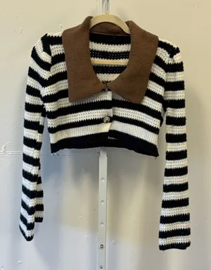 Storets Black White Striped Cropped Cardigan Brown Collar S/M Contemporary thumbnail 1