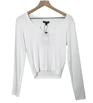 NWT Jane Notch Neck Long Sleeve Cropped Top in White Size Medium thumbnail 5