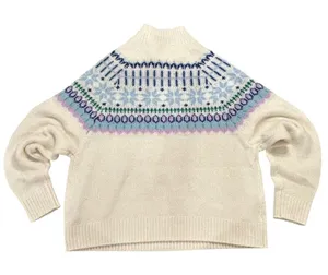 Old Navy Cozy Intarsia Fair Isle Mock Neck Sweater Cream Blue Wool Blend Large thumbnail 1