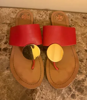 Tory Burch Red Leather Slide Sandals with Gold Medallions thumbnail 1