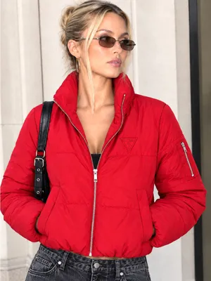 Guess Puffer Jacket Y2K Red Cropped Streetwear Quilted Zip Up Size Small thumbnail 1