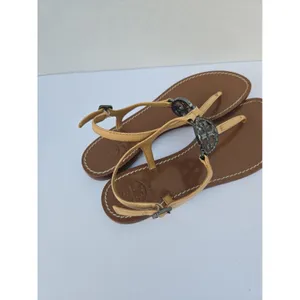 Tory Burch Miller Leather Tan Thong Sandals Silver Logo Medallion Women’s sz 7.5 thumbnail 5