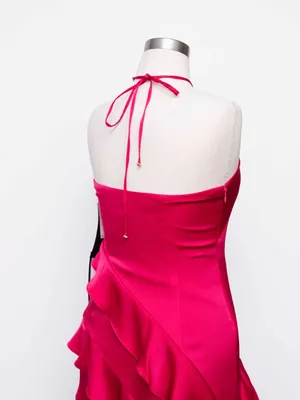 Adrianna Papell - Halter-Neck Ruffled Satin High-Low Gown thumbnail 11