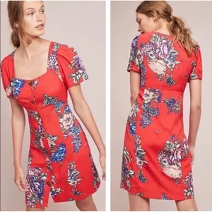 Maeve Dress Women 4 Red Floral Button Front Square Neck Mini Boho Anthropologie thumbnail 2