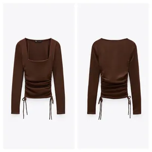 ZARA Brown Square Neck Ruched Stretch Jersey Top With Side Gathering Large thumbnail 3