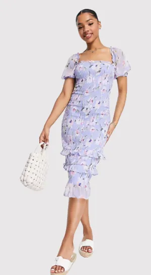 Abercrombie Fitch Dress Purple Smocked Midi Bodycon Floral Ruffle Coquette Small thumbnail 1