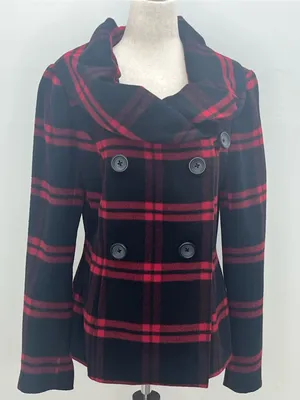 Tribal Women's Red Black Plaid Wool Blend Double Breasted Shawl Collar Coat Sz 8 thumbnail 1