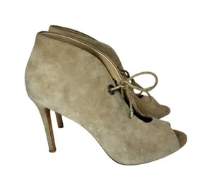 Badgley Mischka Peep Toe Booties Women 8 Taupe Suede Lace Up Stiletto Heel thumbnail 1
