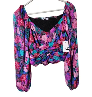 SO Floral Women's Long Sleeve Rusched Front Crop Blouse Sz L NWT thumbnail 1