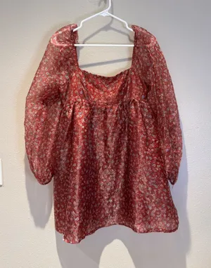 Altar’d State Romantic Rust Floral Sheer Puff Sleeve Mini Dress - Size Small thumbnail 1