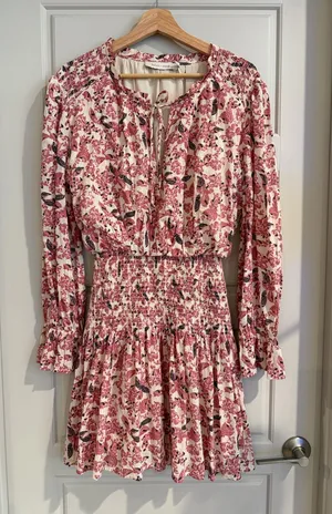 Tie-Neck Smocked Waist Mini Dress Pink Floral Size Medium‎ thumbnail 1