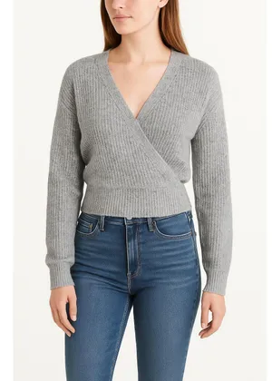 Abercrombie & Fitch Gray Ribbed Knit Long Sleeve Wrap V-Neck Sweater Size Medium thumbnail 2