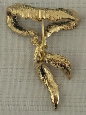 Gold Tone Red and Blue Ribbon Brooch with Rhinestones thumbnail 2