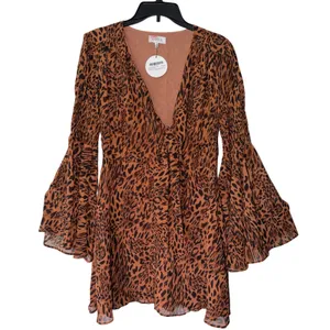 ACOA‎ Hilda Leopard Print Bell Sleeve Tie Front Mini Dress Brown Medium NEW thumbnail 1
