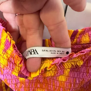 Zara Pink Orange Ikat Smocked Off Shoulder Puff Sleeve Midi Dress‎ Womens XL thumbnail 3