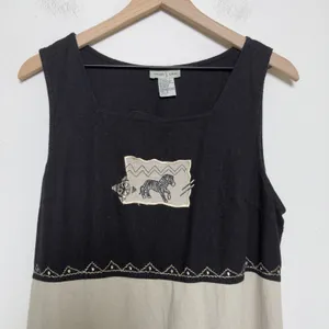 VTG 90s Studio Ease Women Linen Maxi Dress Black Tan Zebra Butterfly Embroidered thumbnail 5