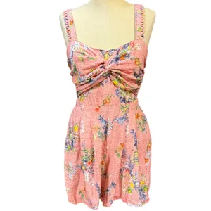 Ranna Gill S Len Scallop Romper Pink Floral Linen Smocked Garden Brunch Bohemian thumbnail 5