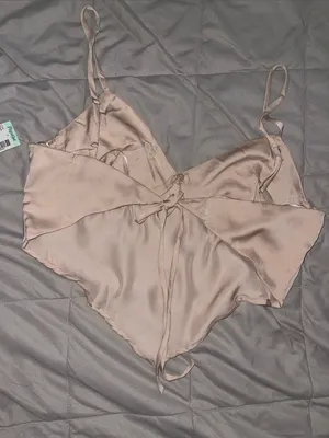 Paper Crane Papaya Champagne Satin Handkerchief Hem Crop Top M thumbnail 4