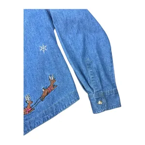 Vintage Bill Blass‎ Holiday Denim Shirt Santa Embroidery Black Velvet Collar XL thumbnail 3