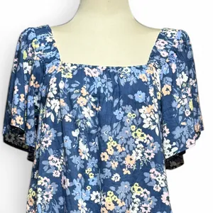 Gap Cotton Short Sleeve Square Neck Top Blue Floral Pink Yellow Medium thumbnail 2