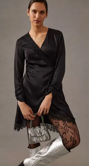 Anthropologie Lace Trimmed Wrap Dress Viscose Satin Long Sleeve Black XS NWT thumbnail 1