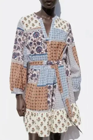 Zara Patchwork Belted Shirt Dress Women’s XS thumbnail 1