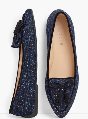 Talbots Francesca Tie Tassel Driving Moccasins in navy sequin tweed size 5.5 thumbnail 1