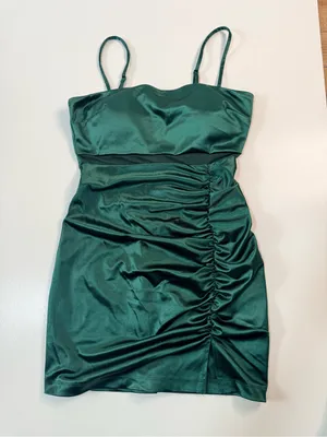 Windsor Satin Emerald Green Ruched Mesh-Inset Mini Dress thumbnail 2