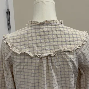 Fat Face Corduroy Ruffle Bib‎ Blouse Cream Blue Windowpane Plaid Size 4 Cottage thumbnail 7