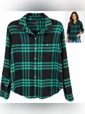 Banana Republic Green M Black Plaid Button-Front Shirt preppy fall cute style thumbnail 2
