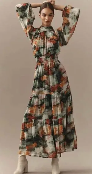 Anthropologie Boho Floral Abstract Print Tiered Maxi Dress size S thumbnail 1