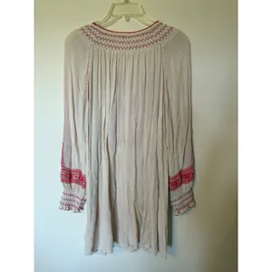 Free People Boho Embroidered Mini Dress Cream Red Tassel XS Peasant Gauze thumbnail 5