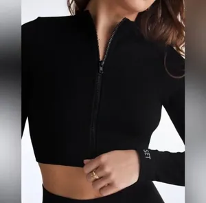 SET ACTIVE Black Cropped Long Sleeve Zip Up Scultflex Ribbed Logo thumbnail 2