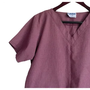 Landau Womens Scrub Top M Burgundy Check V-Neck 2 Pocket Medical Uniform Nurse‎ thumbnail 4