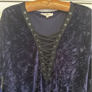 Entro Navy Crushed Velvet Lace Mini Dress Sz L‎ Festival Whimsigoth Renaissance thumbnail 4