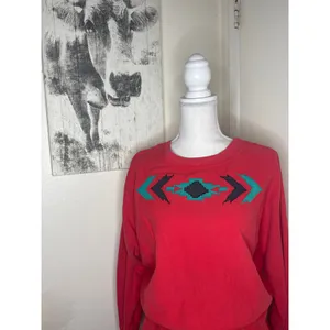 Vintage 80s/90s Western Red Maxi Long Sleeve Dress- Geometric Embroidery Cotton thumbnail 3