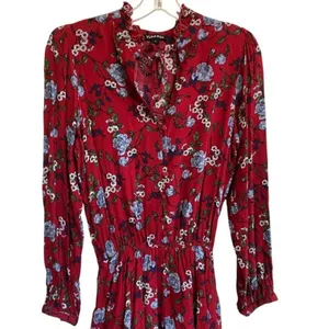 Yumi Kim Red Floral Ruffle Tiered Mini Dress Long Sleeve Smocked Waist Size‎ S thumbnail 6