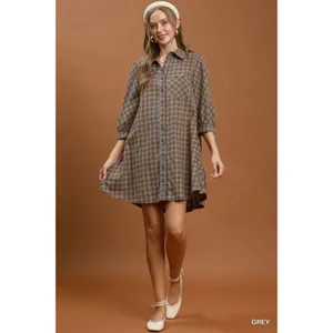 Umgee Plaid‎ Button Down Oversized Shirt Dress - Grey - Medium thumbnail 4