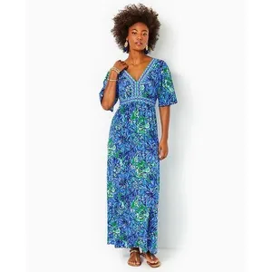 Lilly Pulitzer Addison‎ Floral Maxi Dress Size 14 Abaco Blue Turtle Awe Preppy thumbnail 6